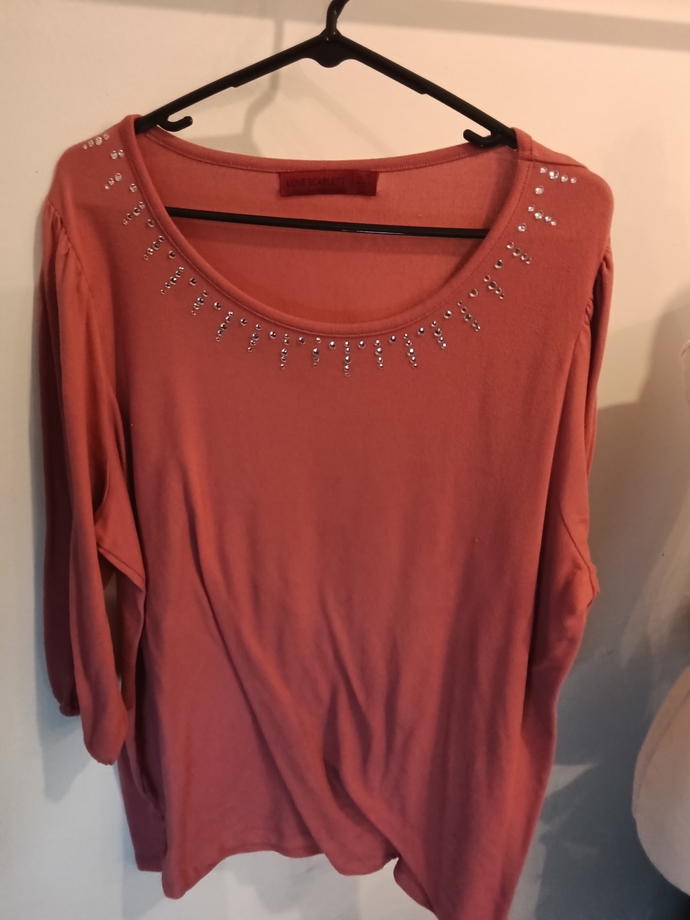 Women's Scoop Neck Embellished Long Sleeve Top - Rust